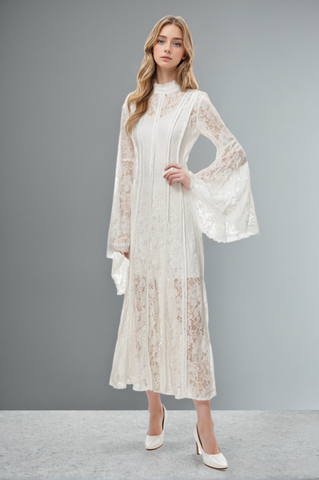 Spliced Lace Flare Sleeve Midi Dresses