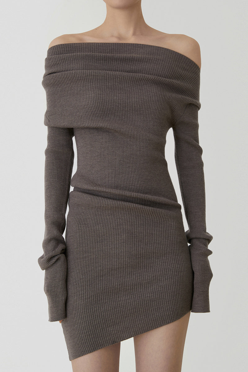 Curved Multi-wear Wool Knit Dress - Coffee Color