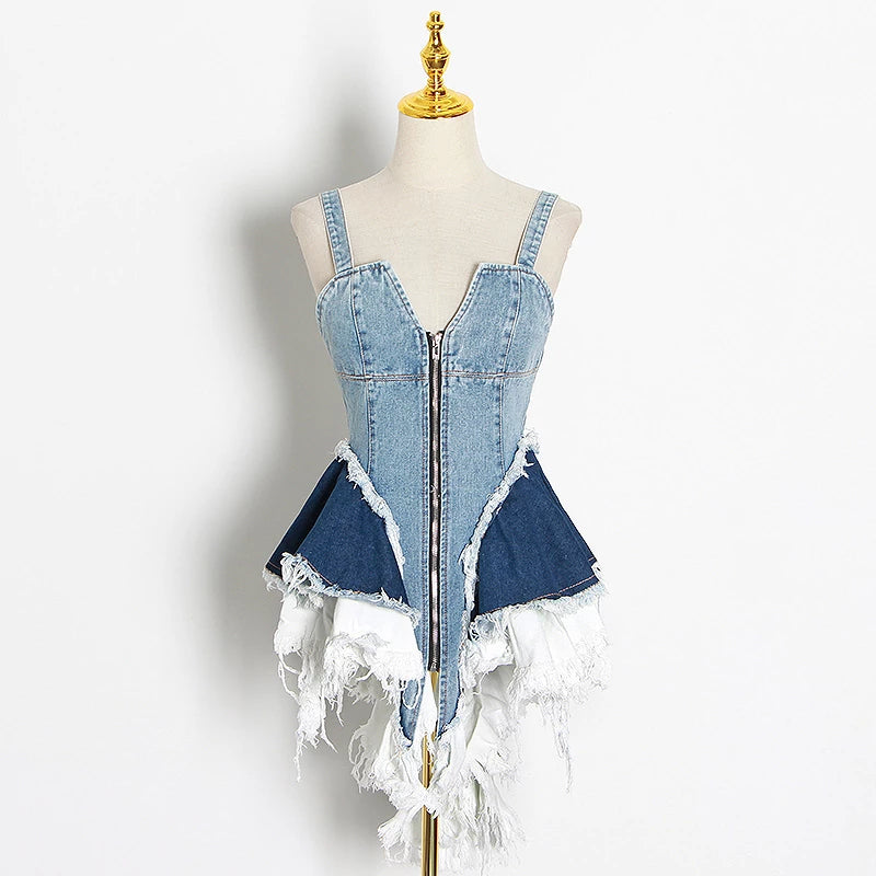 Patchwork Denim Sexy Vests For Sleeveless