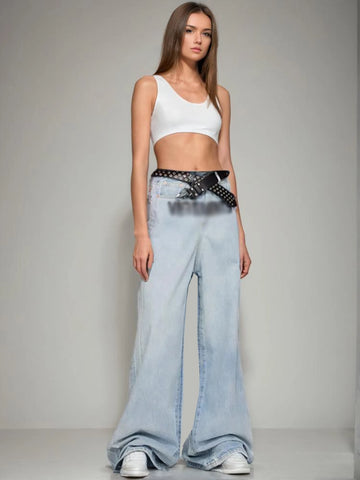 Pantalon en denim taille haute à jambe large et broderie rétro