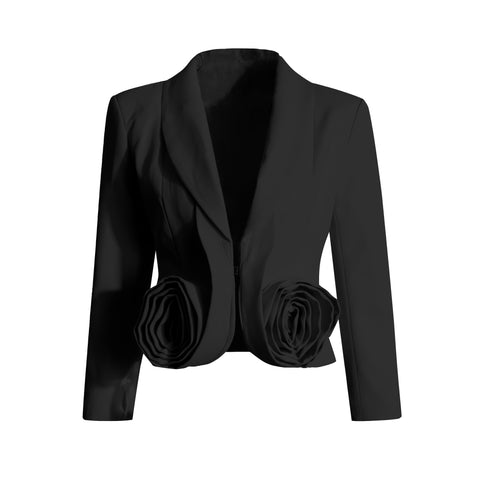 2-Piece Black Set Rose Deep V-neck Bomber Blazer With Pleated Skirt