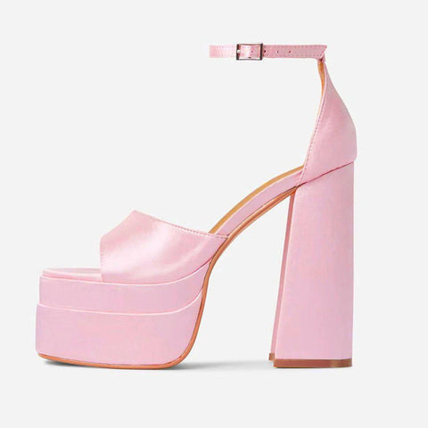 16 cm dicker High Heel Schwarz Rosa Grün Fischmaulriemen Satinoberfläche Square Toe Plateauschuhe 