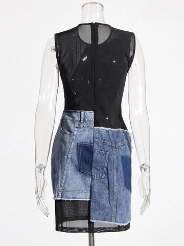 Colorblock Denim Sleeveless Spliced Dresses