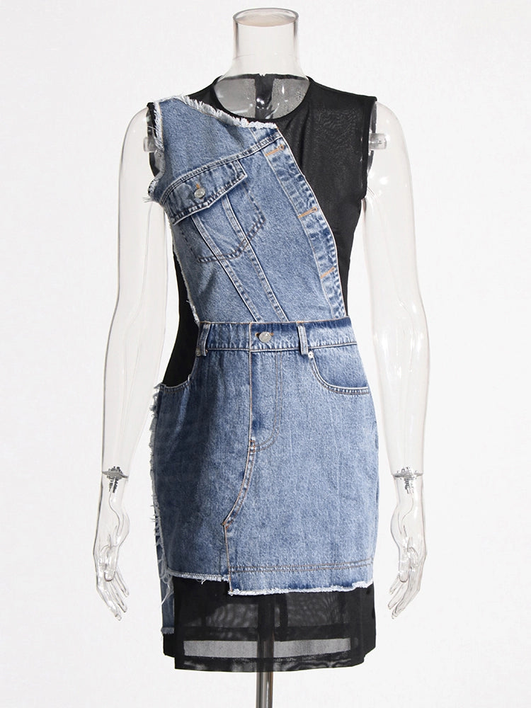 Colorblock Denim Sleeveless Spliced Dresses