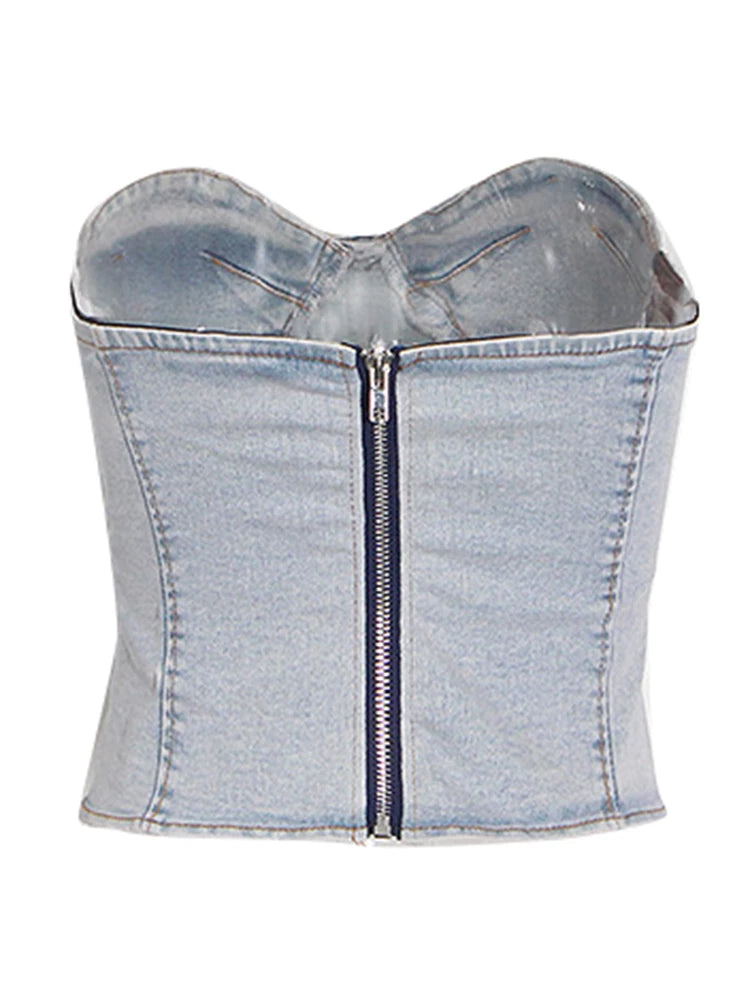 Sleeveless Denim Two Piece Set Strapless Blue