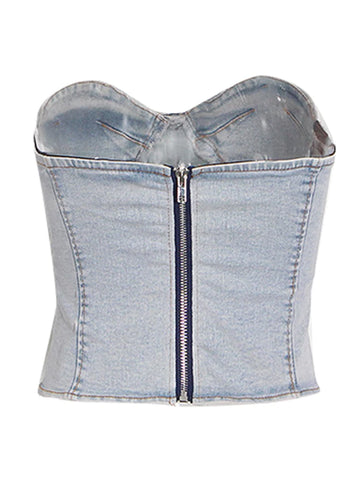 Sleeveless Denim Two Piece Set Strapless Blue