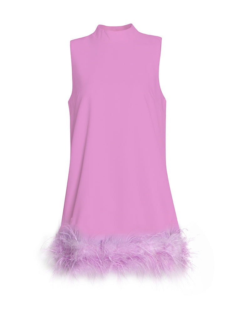 Feathers Hem Sleeveless Minimalsit Mini Dress