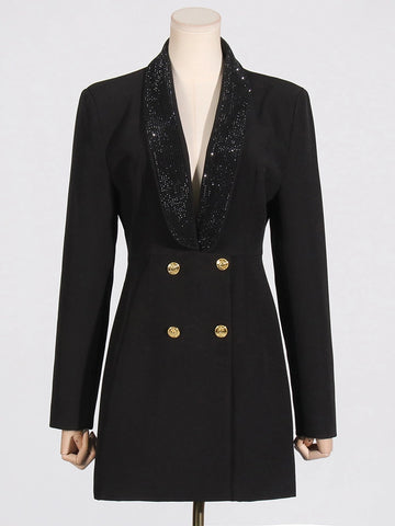 Deep V Neck Nail Bead Design Blazer Coat