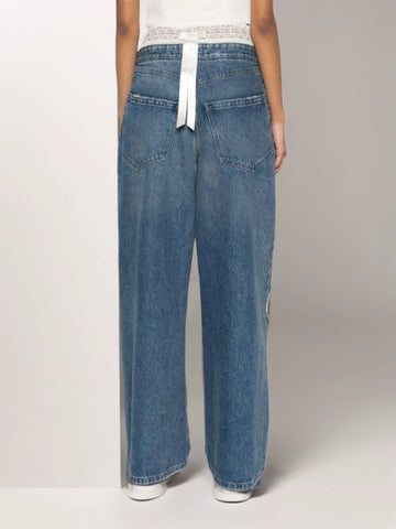 Lace Patchwork Waist Fur Tassel Wide Leg Jeans