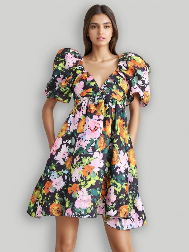 Printed Bubble Sleeve Deep V Mini Dress