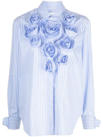 CHEMISE EN CRÊPE DE COTON À MANCHES LONGUES AVEC APPLIQUE ROSETTE ROMANTIQUE ET COL BOUTONNÉ - BLEU