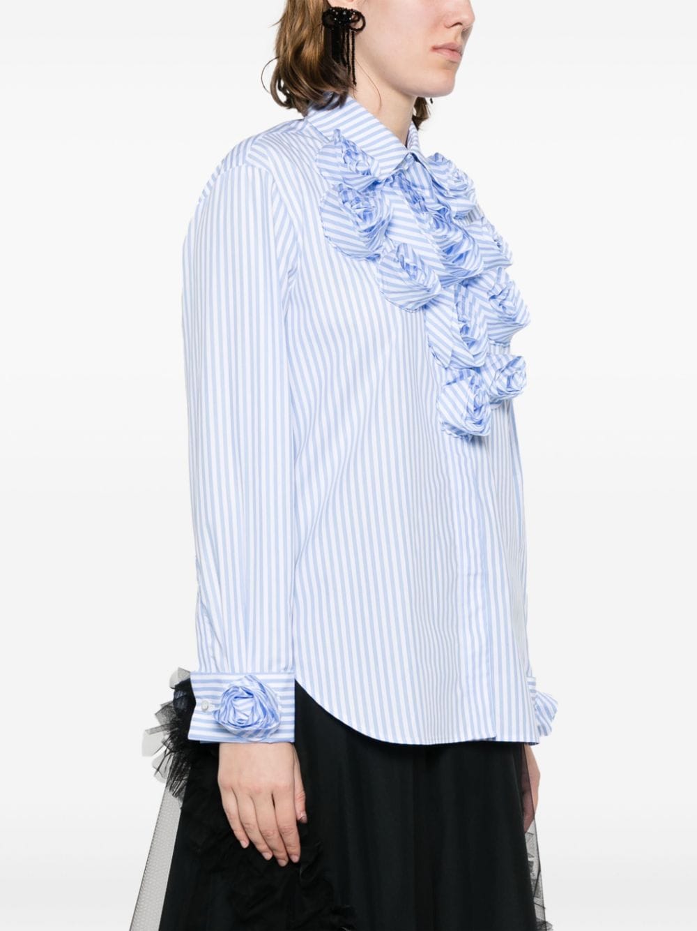 ROMANTIC ROSETTE APPLIQUE COLLARED BUTTON UP LONG SLEEVE CREPE COTTON SHIRT - BLUE