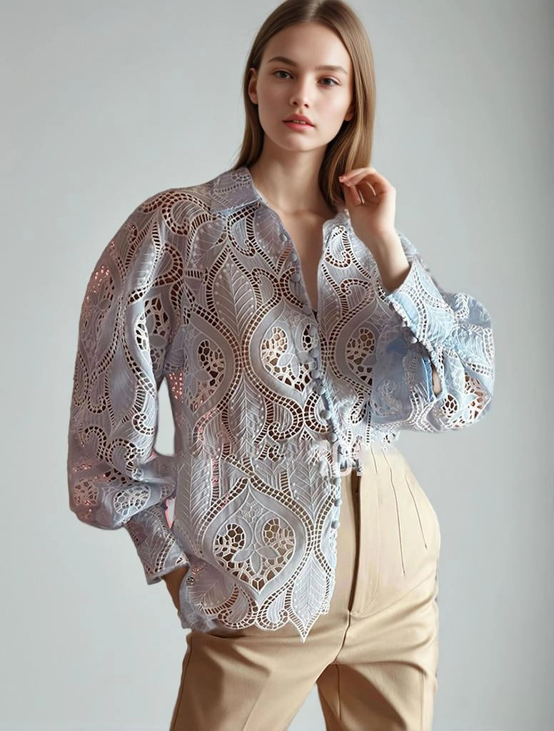 Embroidered Hollow Bubble Sleeve Shirt