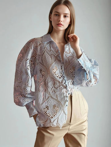 Embroidered Hollow Bubble Sleeve Shirt