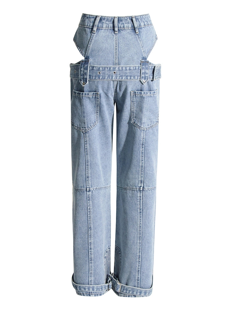 Pantalon en jean à jambe large avec ceinture pour bouton épissé creux