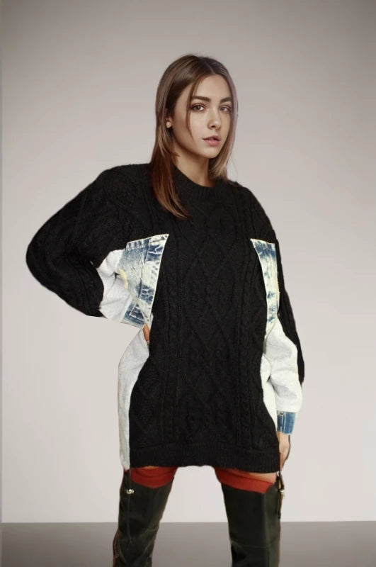 Pull patchwork en denim abricot avec cordon de serrage