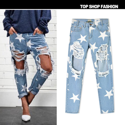 Zerrissene Denim Baggy Gerade Hose XINGX Bedruckte Hose Bf Cropped Hose Zerrissen