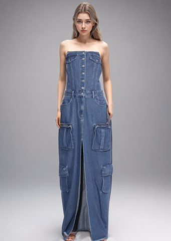 Denim Strapless Back Split Maxi Dresses