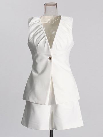 V Neck Metel Bukle Pleated Two Piece Set