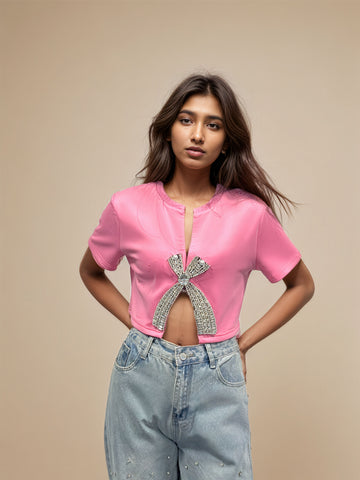 Kurzes T-Shirt mit Patchwork-Diamanten