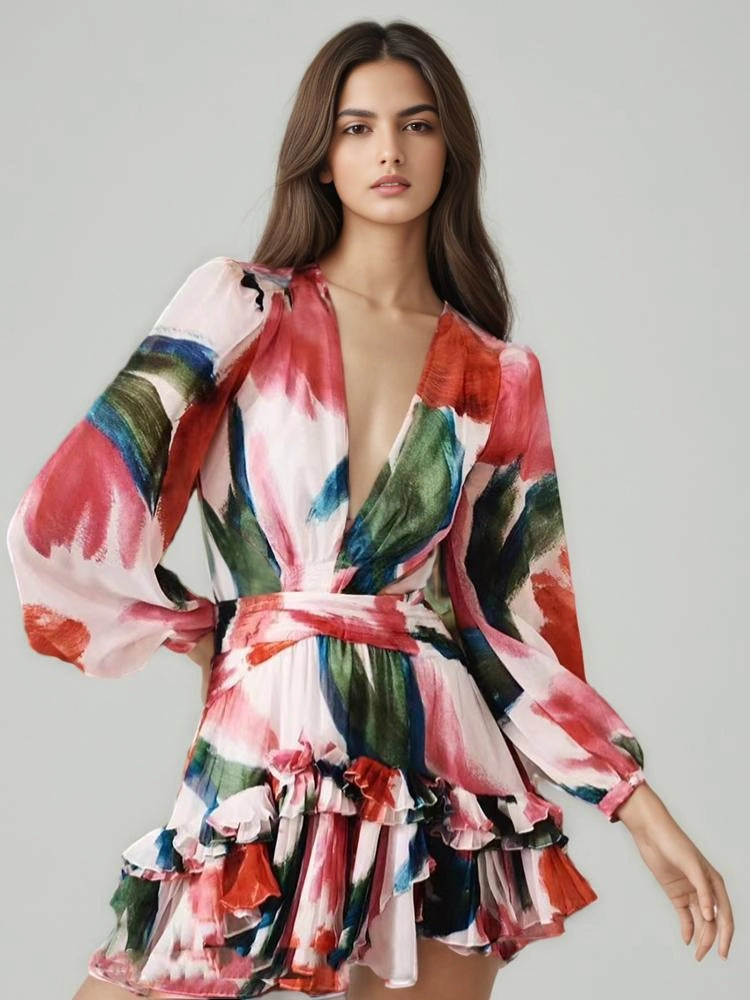 V Neck Printed Latern Sleeve Hollow Out Mini Dress