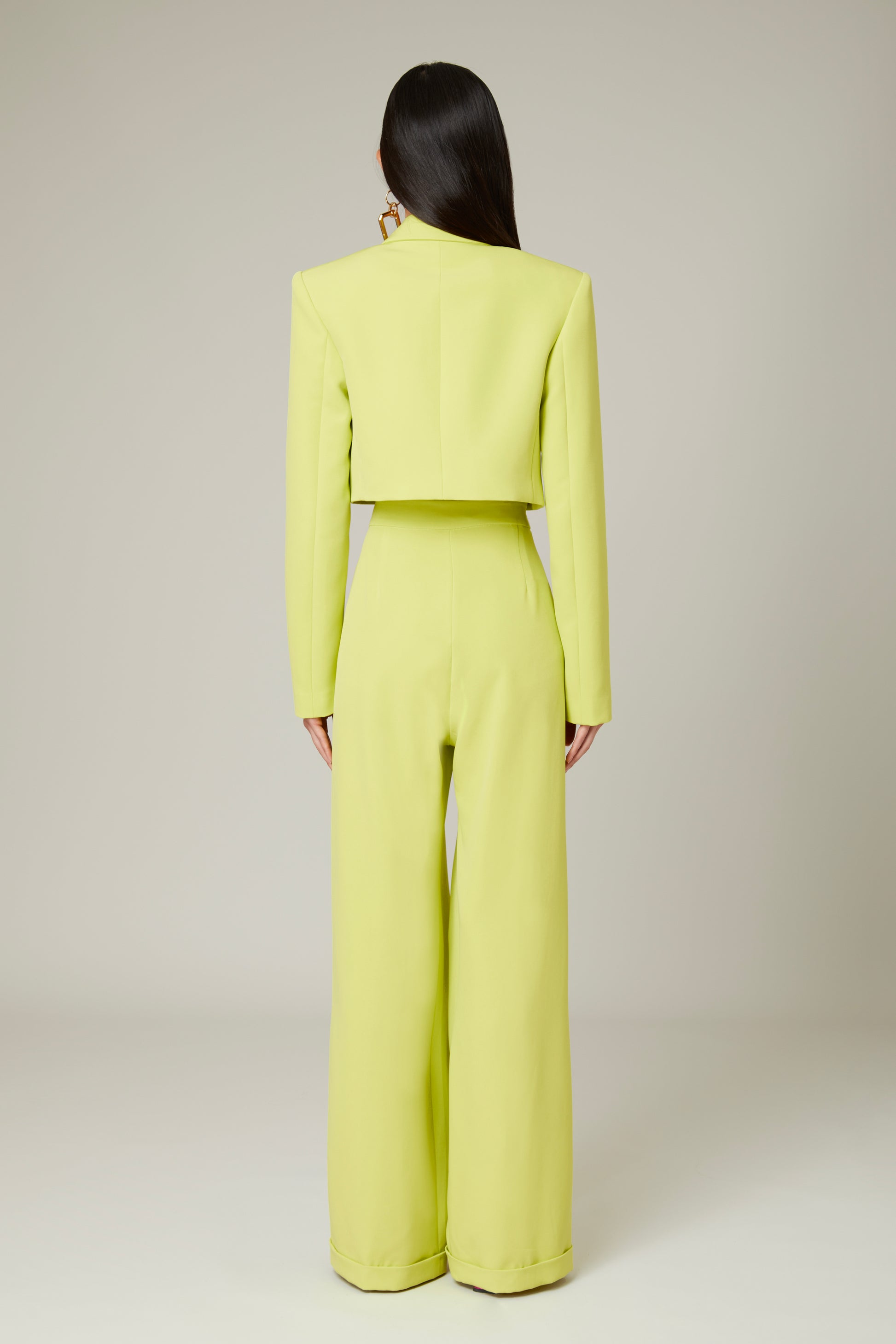 Solid Color Two-Piece V-neck Long-Sleeved Short Suit Jacket + High-Waisted Wide-Leg Pants Casual Suit