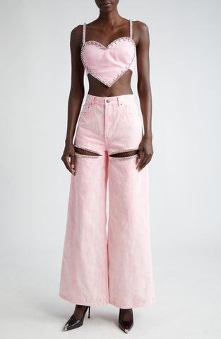 Crystal Cut-Out Straight Jeans - Pink