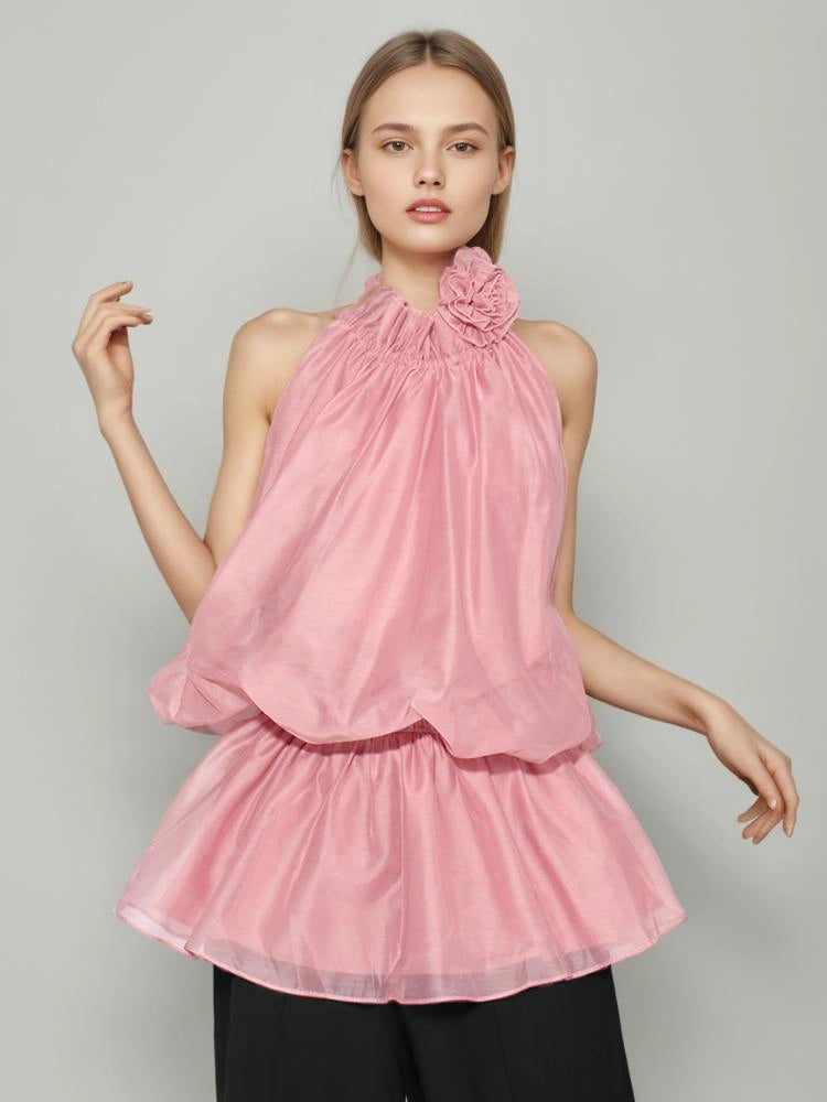 Flower Pleated Sleeveless Mini Dress