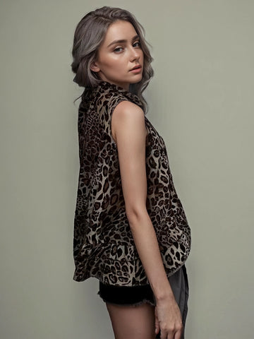 Leopard Print Ruffle Edge Sleeve Vest