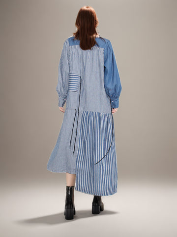 Robe longue en denim à rayures et patchwork