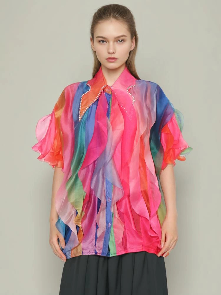 Chemise à volants superposés avec col rabattu et diamants