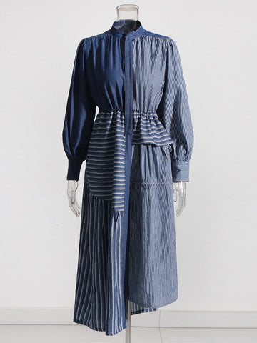 Robe longue en denim à rayures et patchwork