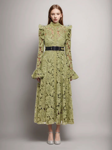 Embroidery Stand Collar Flare Sleeve Hollow Out Vintage Dress