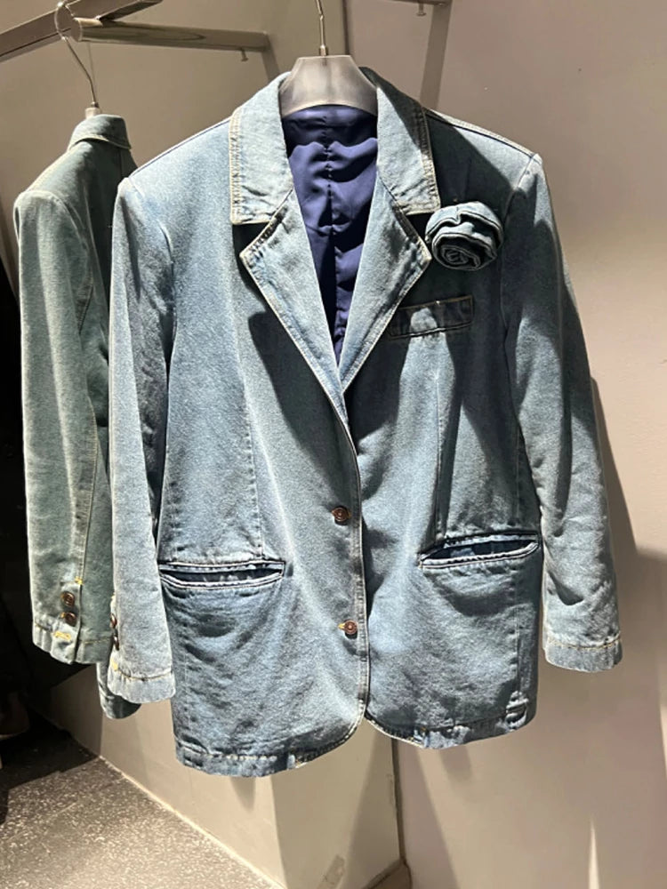 Blazer en jean à col cranté et manches longues épissé