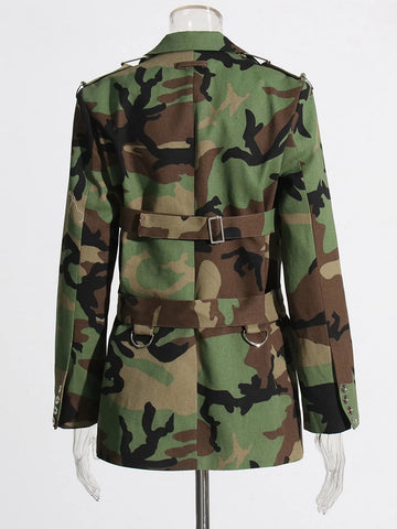 Camouflage Belt Blazers For Womer Long Sleeve Spliced Button