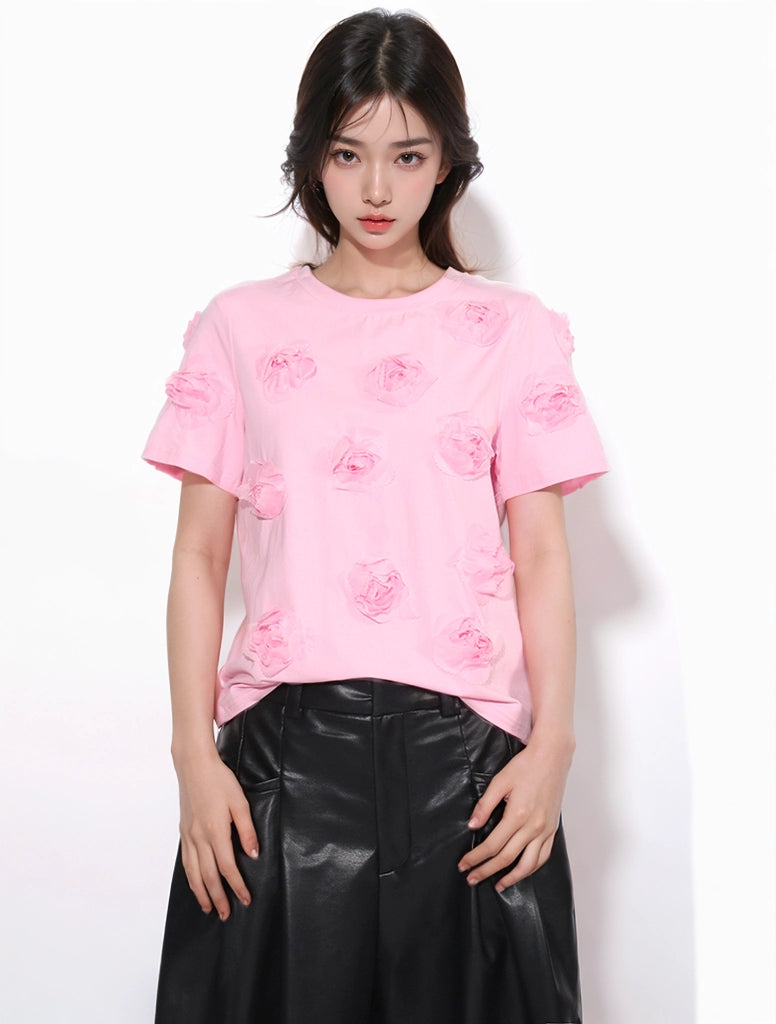 3D Rose Design Round Neck T-shirt