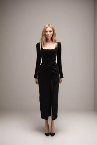 Elegant VelvetTwist Split Vintage Dress
