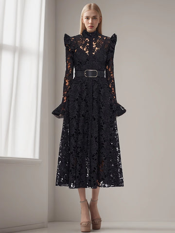 Embroidery Stand Collar Flare Sleeve Hollow Out Vintage Dress