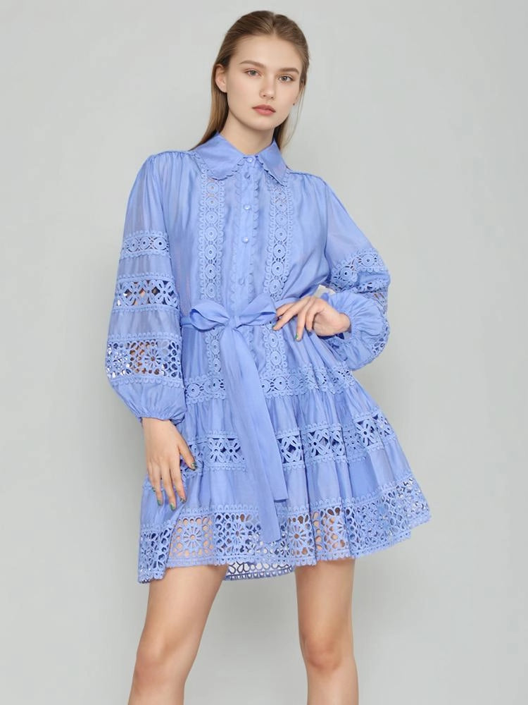 Embroidered Hollow Long Sleeve Mini Dress