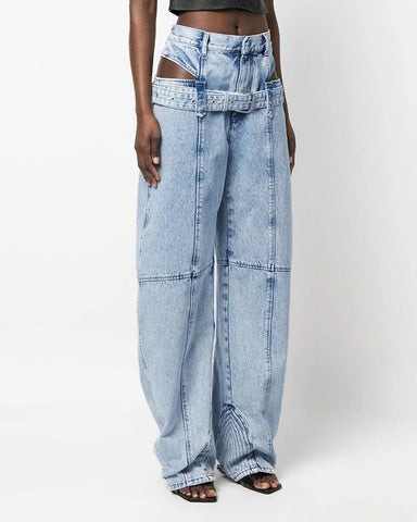 Blue Cut Out Wide Leg Jeans with Buckle