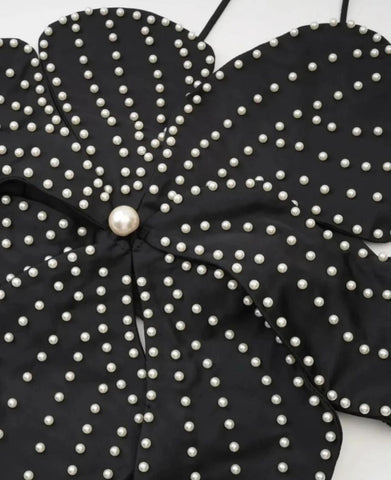 3D Flower Pearl Embellished Halter Top - Black