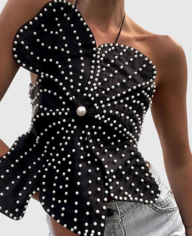 3D Flower Pearl Embellished Halter Top - Black