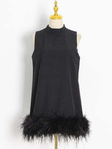 Feathers Hem Sleeveless Minimalsit Mini Dress