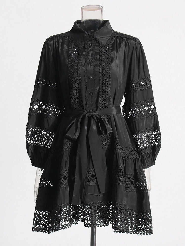 Embroidered Hollow Long Sleeve Mini Dress