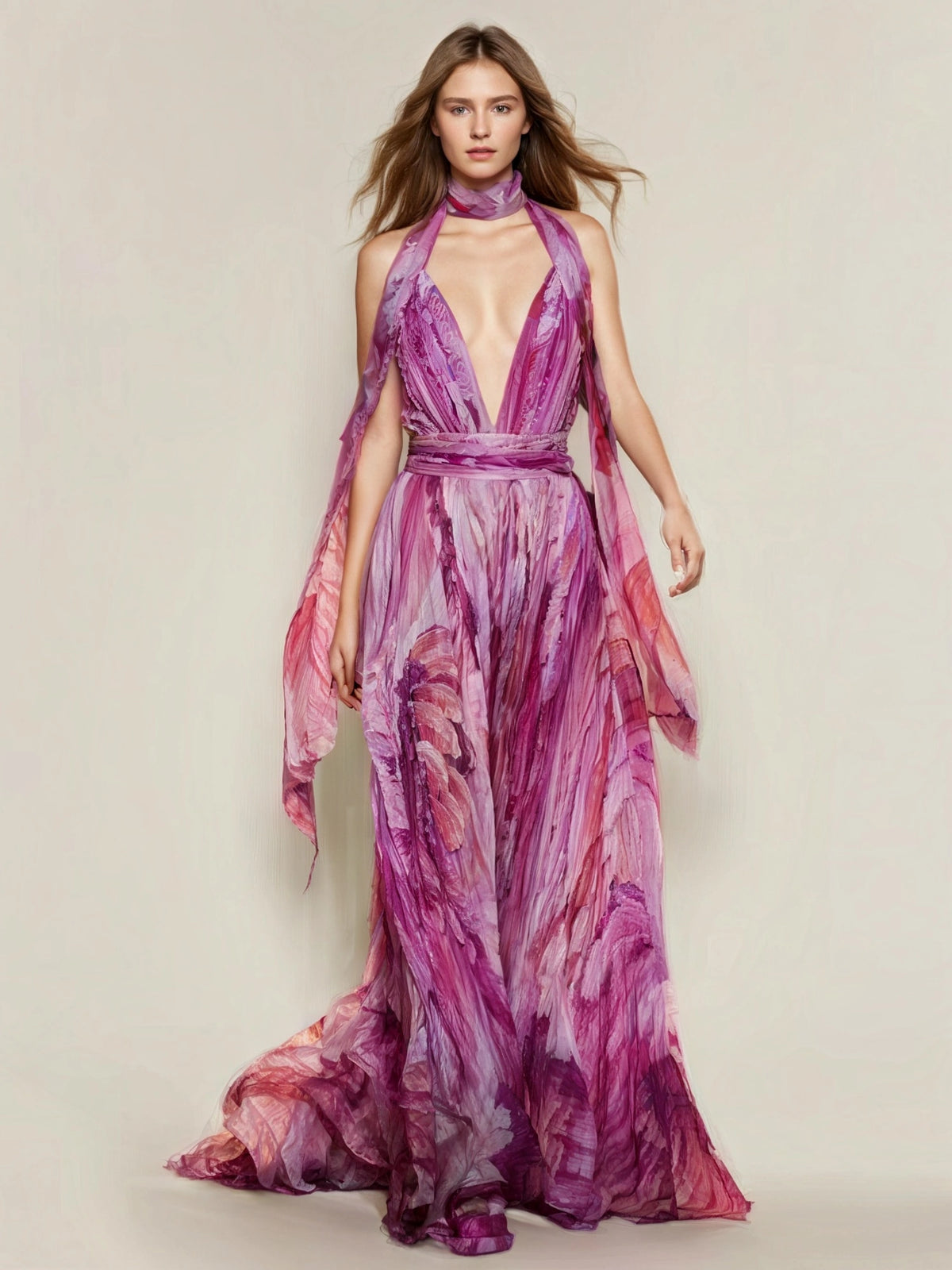 Robe longue sans bretelles à imprimé col en V