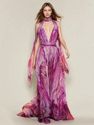 Robe longue sans bretelles à imprimé col en V