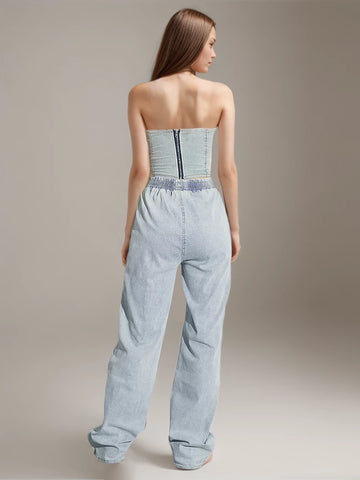 Sleeveless Denim Two Piece Set Strapless Blue