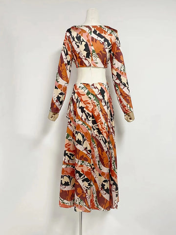 Printed Round Neck Hollow Long Sleeve Dress