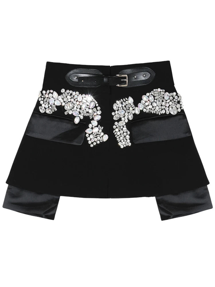 Designer Belt Patchwork Diamonds Mini Skirt