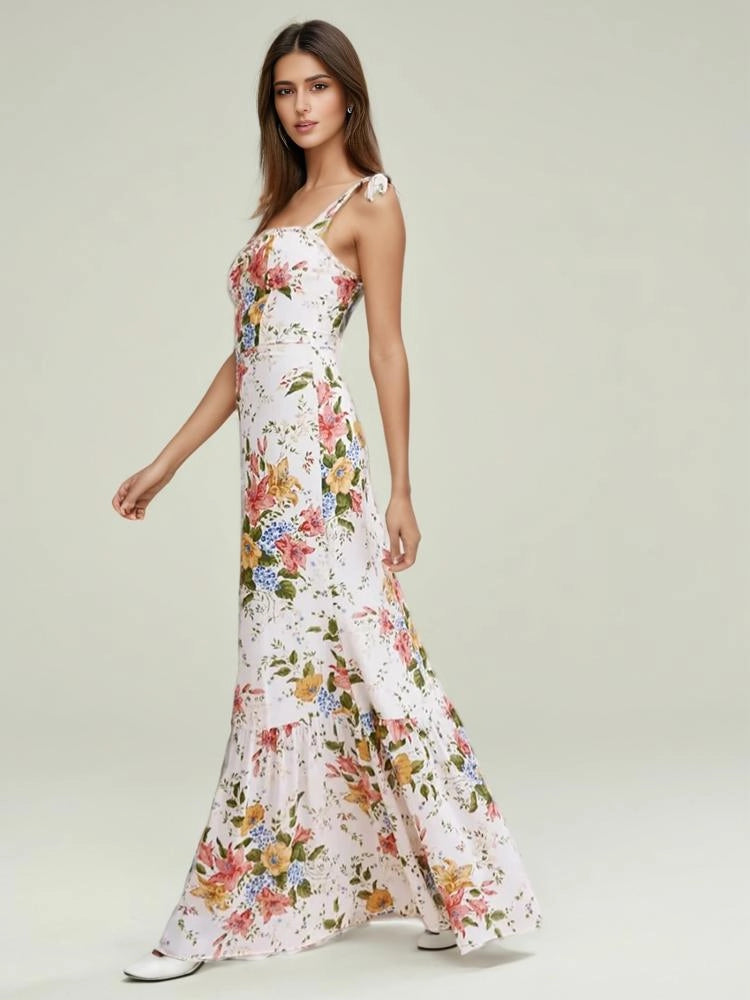 Retro Printed Strap Backless Maxi Dress